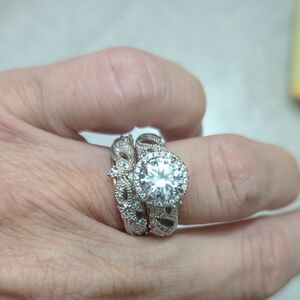 Dazzling 925 Silver Women's Ring with Crystal Centre Stone Two Tone Accent